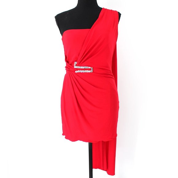 Gianni Versace Red One Shoulder Draping Scarf Embellished Mini Dress 42 US 4 6 - Picture 1 of 11